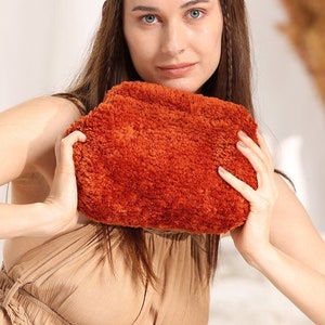 Crochet Teddy Pouch Bag, Handmade Cloud Bag, Handcrafted Clutch, Red Plush Cloud Bag, Handcrafted Faux Fur Clutch Bag, Fluffy Clutch Purse