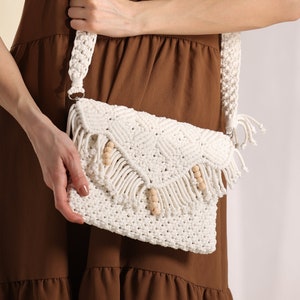 Handmade Macrame Shoulder Bag, Beige Boho Bag, Unique Design Boho Clutch Bag, Dainty Crossbody Macrame Bag, Beige Crochet Bag, Handmade Bag image 7