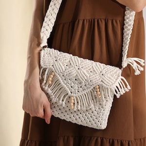 Handmade Macrame Shoulder Bag, Beige Boho Bag, Unique Design Boho Clutch Bag, Dainty Crossbody Macrame Bag, Beige Crochet Bag, Handmade Bag image 1