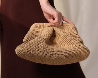 Large Cloud Crochet Bag, Women’s Straw Summer Pouch Bag, Crochet Bag, Handmade Clutch Purse, Modern Woven Dumpling Grab Bag, Luxury Bag