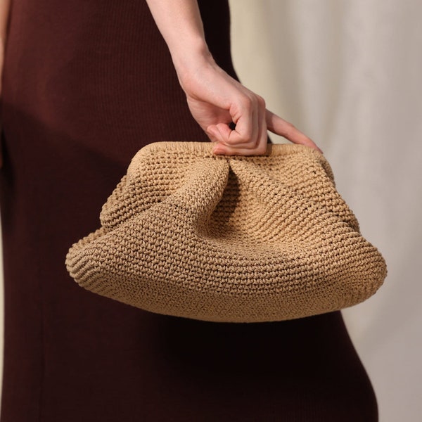 Grand sac nuage au crochet, Pochette d'été en paille pour femme, Sac au crochet, Pochette faite main, Sac à main tissé moderne pour boulettes, Sac de luxe