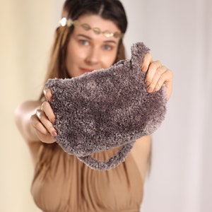 Grey Knit Fleece Bag, Modern Plush Tote Bag, Faux Fur Shoulder Bag, Grey Fluffy Teddy Tote Bag, Plush Cloud Bag, Handmade Crochet Bag