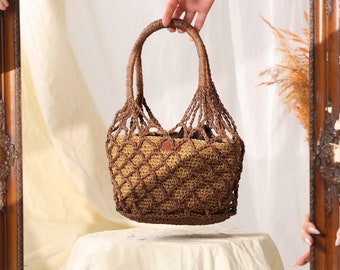 Pouch Boho Bag, Unique Design Handmade Net Bag, Stylish Crochet Bag, Hand Woven Luxury Crochet Bag, Crochet Raffia Tote Bag, Summer Tote Bag