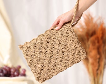 Crochet Clutch Bag, Hand Knitted bag, Woven Summer Bag, Luxury Bag, Handmade Clutch Bag, Gift for Her, Raffia Clutch Bag, Knitting Bag