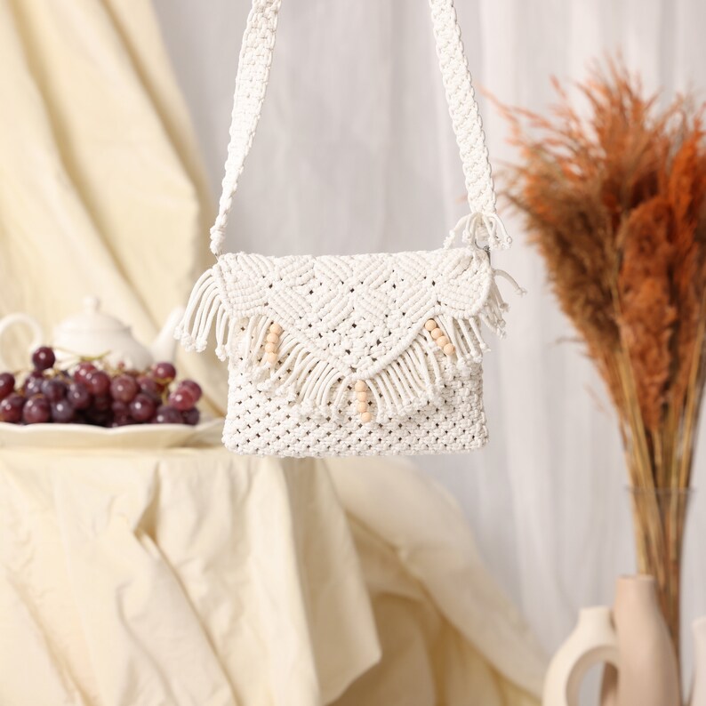 Handmade Macrame Shoulder Bag, Beige Boho Bag, Unique Design Boho Clutch Bag, Dainty Crossbody Macrame Bag, Beige Crochet Bag, Handmade Bag image 3