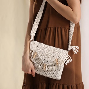 Handmade Macrame Shoulder Bag, Beige Boho Bag, Unique Design Boho Clutch Bag, Dainty Crossbody Macrame Bag, Beige Crochet Bag, Handmade Bag image 6