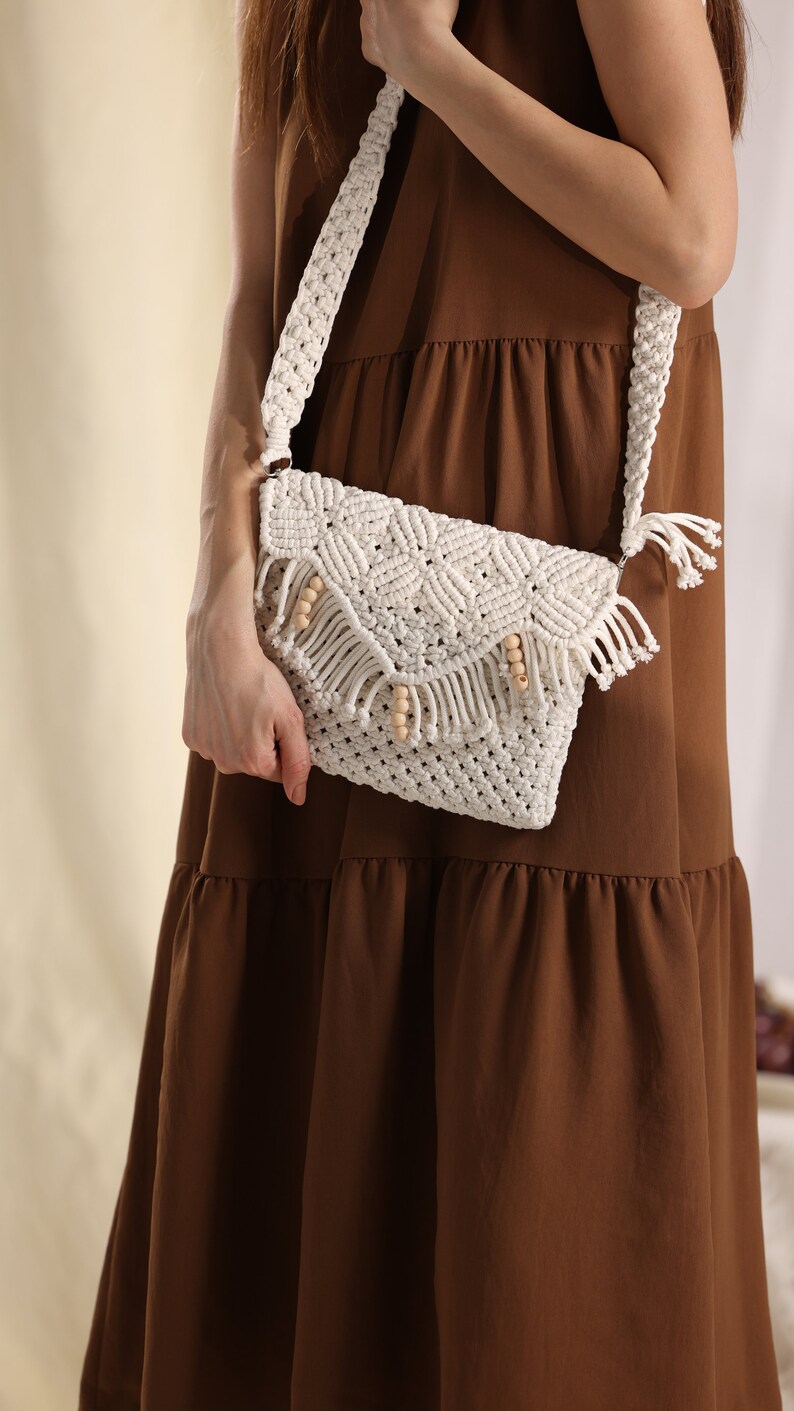 Handmade Macrame Shoulder Bag, Beige Boho Bag, Unique Design Boho Clutch Bag, Dainty Crossbody Macrame Bag, Beige Crochet Bag, Handmade Bag image 5