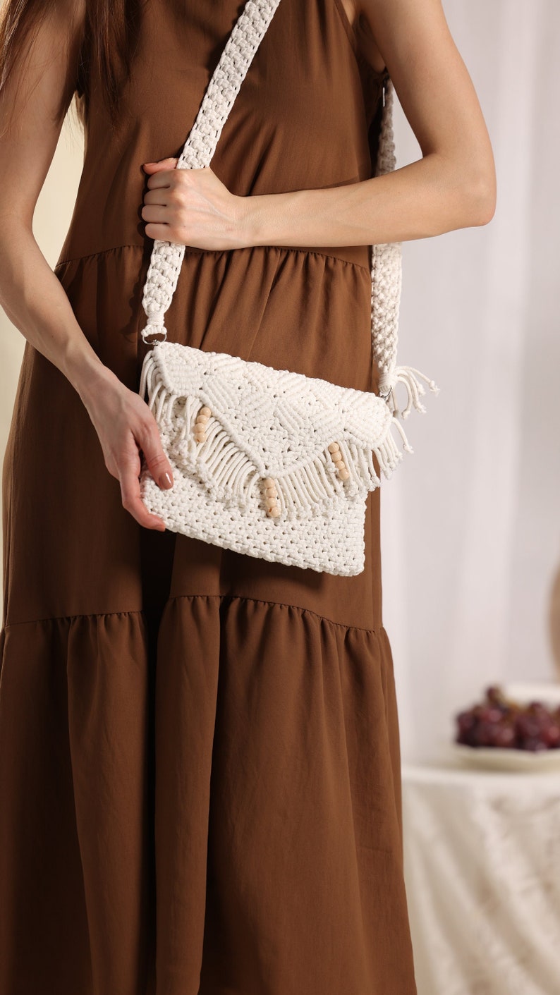 Handmade Macrame Shoulder Bag, Beige Boho Bag, Unique Design Boho Clutch Bag, Dainty Crossbody Macrame Bag, Beige Crochet Bag, Handmade Bag image 7