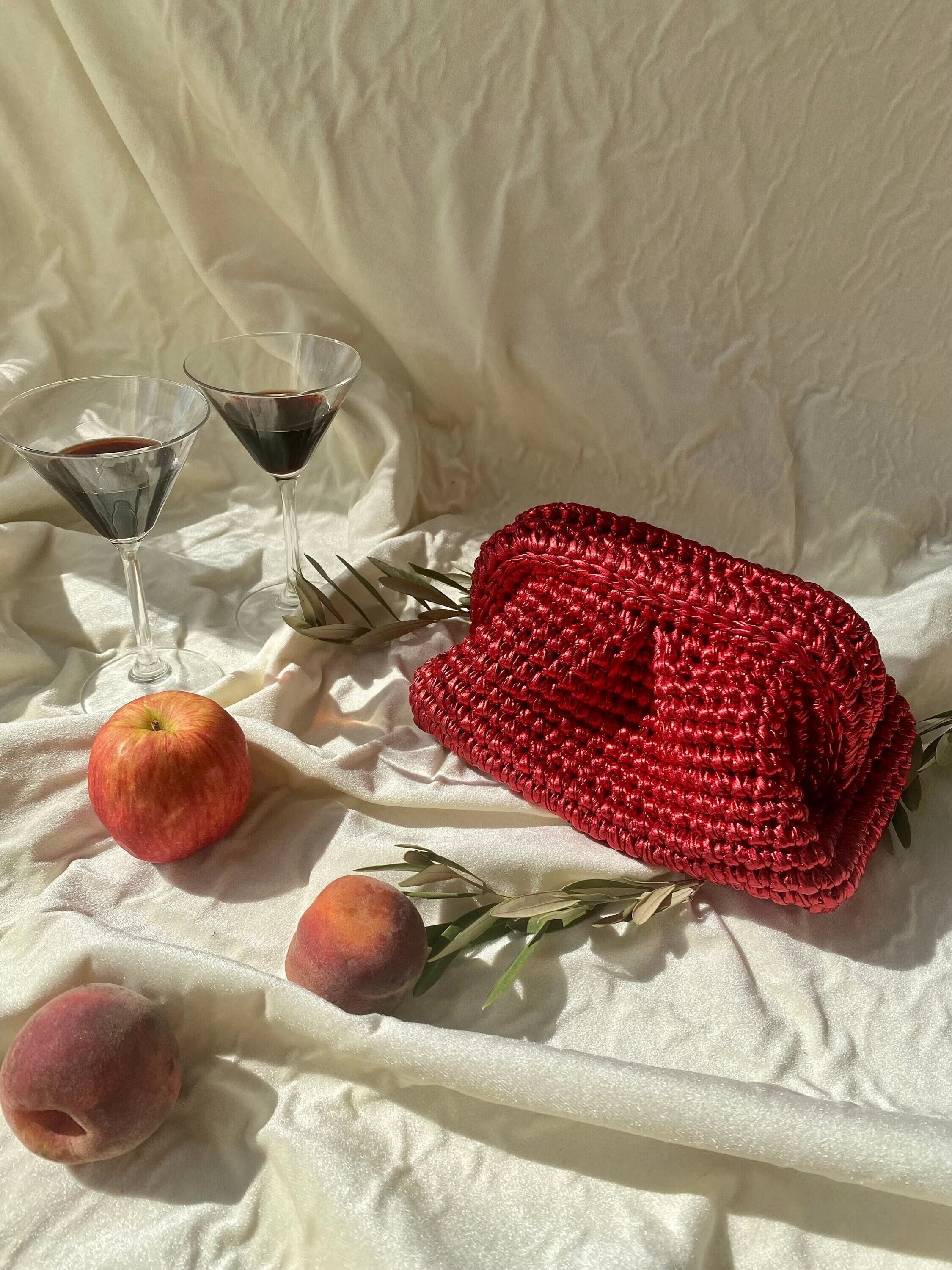 Handmade Raffia Bag, Fast Shipping Metallic Raffia Bag, Crochet Metallic Raffia Clutch Bag, Evening Knitted Luxury Clutch Bag, Red Clutch