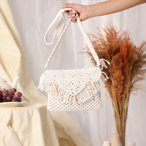 Handmade Macrame Shoulder Bag, Beige Boho Bag, Unique Design Boho Clutch Bag, Dainty Crossbody Macrame Bag, Beige Crochet Bag, Handmade Bag image 8