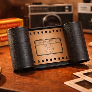May include: A film strip holder with the text "MY 35MATIC" and a camera illustration. The holder is flanked by two black cylindrical containers. Vintage cameras and film canisters are in the background, suggesting a photography theme.