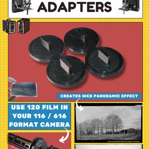 Peut inclure: Quatre adaptateurs de film en plastique noir pour les appareils photo au format 116/616. Les adaptateurs vous permettent d'utiliser du film 120 dans votre appareil photo, créant un effet panoramique. L'image montre une bobine de film 120 et un gros plan des adaptateurs.