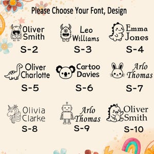 Puede incluir: Una tabla titulada Please Choose Your Font, Design que muestra diez iconos de arte lineal negro de monstruos, animales y un robot junto con nombres de muestra y c&oacute;digos de S-2 a S-10. El fondo presenta flores de acuarela y un arco&iacute;ris.