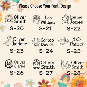 Puede incluir: Una tabla de selecci&oacute;n titulada Please Choose Your Font, Design que muestra nueve iconos de arte lineal negro junto con nombres de muestra y c&oacute;digos del S-20 al S-28. Los iconos incluyen una hamburguesa, patatas fritas, coral, dinosaurio y gato.
