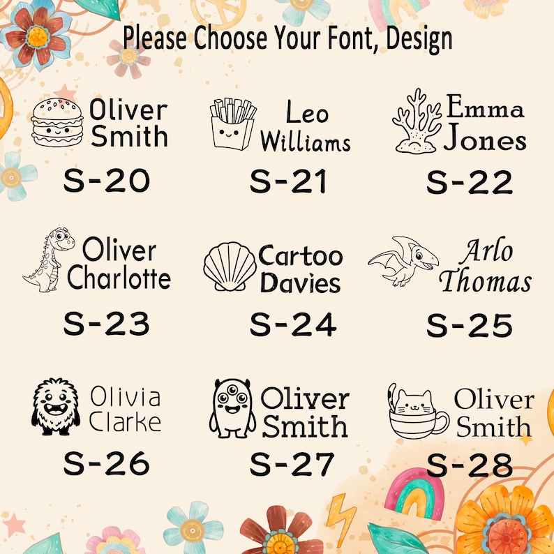 Puede incluir: Una tabla de selecci&oacute;n titulada Please Choose Your Font, Design que muestra nueve iconos de arte lineal negro junto con nombres de muestra y c&oacute;digos del S-20 al S-28. Los iconos incluyen una hamburguesa, patatas fritas, coral, dinosaurio y gato.