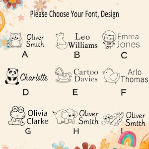 Puede incluir: Una tabla de selecci&oacute;n titulada Please Choose Your Font, Design que presenta nueve iconos de arte lineal negro etiquetados de la A a la I. Cada icono representa un animal u objeto diferente junto a un nombre, incluyendo un b&uacute;ho, zorro, gato astronauta, panda, caballito de madera, pollo, rana, elefante y cangrejo ermita&ntilde;o.