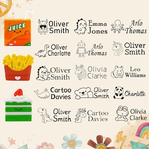 Puede incluir: Tres gomas de borrar con forma de comida que incluyen un zumo naranja, patatas fritas amarillas y un trozo de pastel verde, junto a una cuadr&iacute;cula de doce iconos de arte lineal en blanco y negro con nombres como Oliver Smith y Emma Jones.
