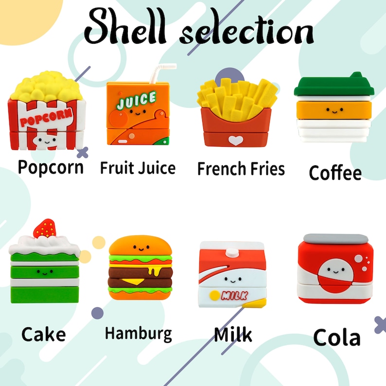 Puede incluir: Una colecci&oacute;n de ocho estuches peque&ntilde;os y coloridos con tem&aacute;tica de comida bajo el t&iacute;tulo Shell selection. Los art&iacute;culos incluyen palomitas, zumo, patatas fritas, caf&eacute;, tarta, hamburguesa, leche y cola, cada uno con una cara sonriente.