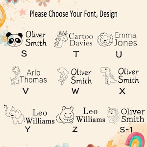 Puede incluir: Una tabla de selecci&oacute;n titulada Please Choose Your Font, Design que muestra iconos de arte lineal negro de animales como un panda, unicornio, le&oacute;n, jirafa, delf&iacute;n, dinosaurio, elefante y h&aacute;mster junto a nombres de ejemplo como Oliver Smith.