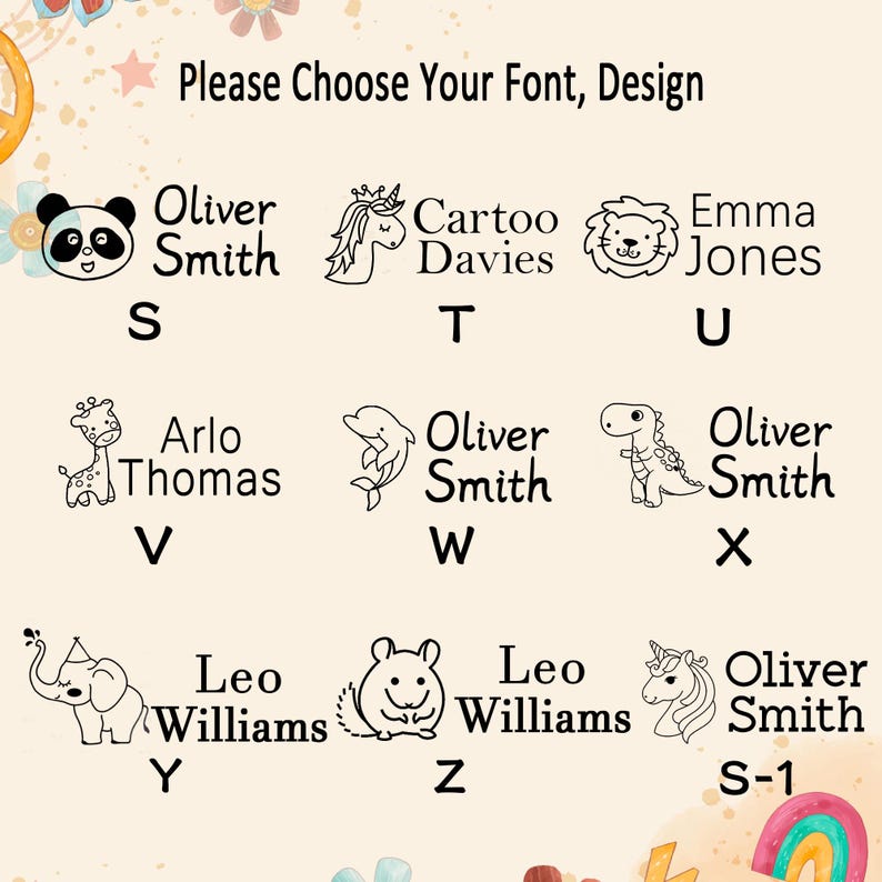 Puede incluir: Una tabla de selecci&oacute;n titulada Please Choose Your Font, Design que muestra iconos de arte lineal negro de animales como un panda, unicornio, le&oacute;n, jirafa, delf&iacute;n, dinosaurio, elefante y h&aacute;mster junto a nombres de ejemplo como Oliver Smith.