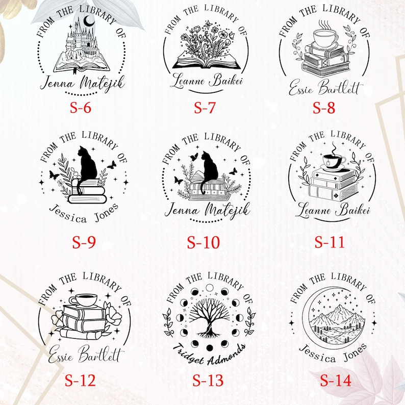 Peut inclure: Collection de neuf tampons circulaires avec divers motifs. Les tampons pr&eacute;sentent des illustrations d'un ch&acirc;teau, de fleurs, d'un chat, d'une tasse &agrave; th&eacute; et d'un paysage de montagne, avec le texte "From the Library of" et des noms.