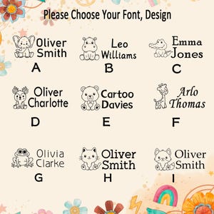 Puede incluir: Una tabla titulada Please Choose Your Font, Design que muestra nueve opciones etiquetadas de la A a la I. Cada opci&oacute;n presenta una ilustraci&oacute;n de animal en l&iacute;nea negra junto a un nombre y estilo de fuente &uacute;nicos, como Oliver Smith, Leo Williams y Emma Jones.