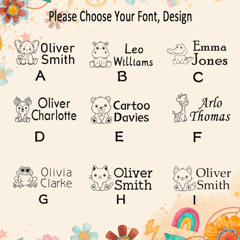 Puede incluir: Una tabla titulada Please Choose Your Font, Design que muestra nueve opciones etiquetadas de la A a la I. Cada opci&oacute;n presenta una ilustraci&oacute;n de animal en l&iacute;nea negra junto a un nombre y estilo de fuente &uacute;nicos, como Oliver Smith, Leo Williams y Emma Jones.