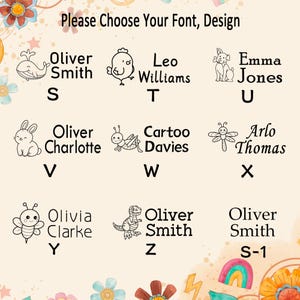 Puede incluir: Una tabla titulada Please Choose Your Font, Design que muestra nueve opciones etiquetadas de S a S-1. Cada opci&oacute;n presenta una ilustraci&oacute;n de animal en l&iacute;nea negra junto a un nombre y un c&oacute;digo de letra, incluyendo una ballena, un pollito, un perro, un conejo, un insecto, una lib&eacute;lula, una abeja y un dinosaurio.