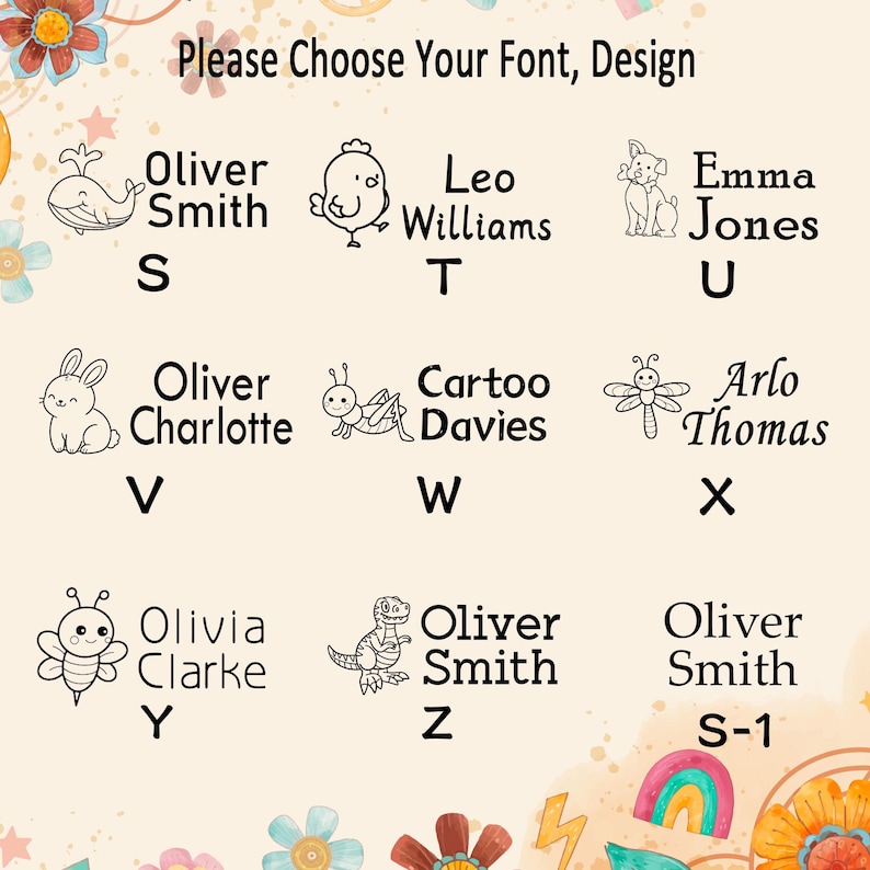Puede incluir: Una tabla titulada Please Choose Your Font, Design que muestra nueve opciones etiquetadas de S a S-1. Cada opci&oacute;n presenta una ilustraci&oacute;n de animal en l&iacute;nea negra junto a un nombre y un c&oacute;digo de letra, incluyendo una ballena, un pollito, un perro, un conejo, un insecto, una lib&eacute;lula, una abeja y un dinosaurio.