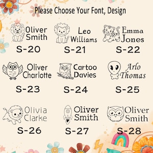 Puede incluir: Una tabla de selecci&oacute;n titulada Please Choose Your Font, Design que muestra nueve iconos de arte lineal negro, incluyendo leones, tigres, b&uacute;hos, un alien&iacute;gena y un cohete. Cada icono se acompa&ntilde;a de un nombre y un c&oacute;digo de S-20 a S-28.
