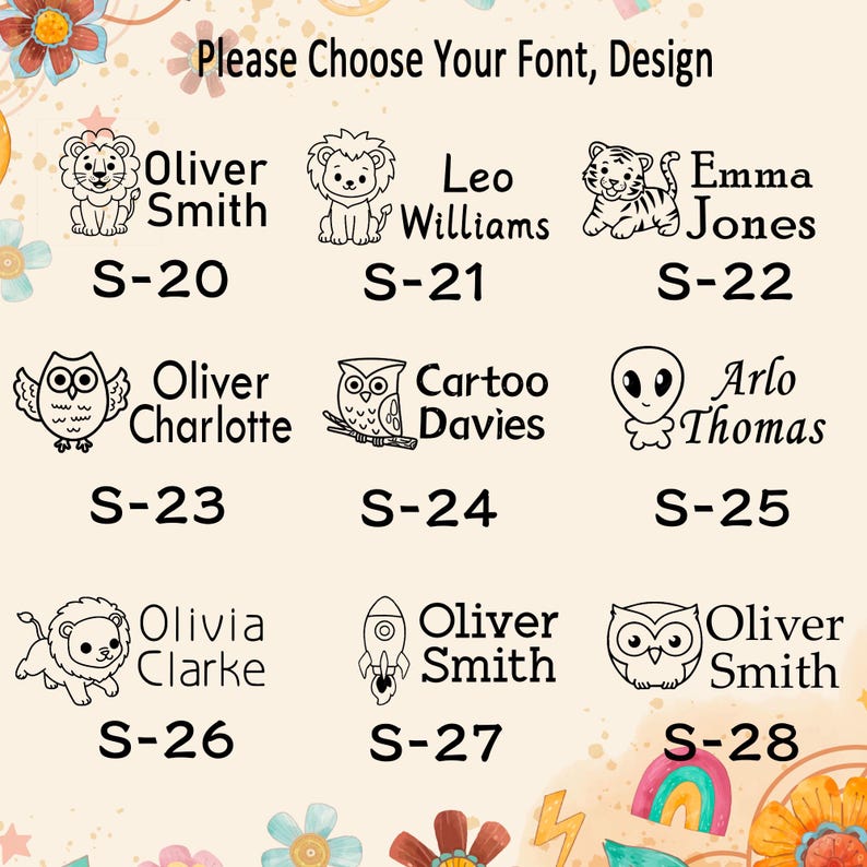 Puede incluir: Una tabla de selecci&oacute;n titulada Please Choose Your Font, Design que muestra nueve iconos de arte lineal negro, incluyendo leones, tigres, b&uacute;hos, un alien&iacute;gena y un cohete. Cada icono se acompa&ntilde;a de un nombre y un c&oacute;digo de S-20 a S-28.