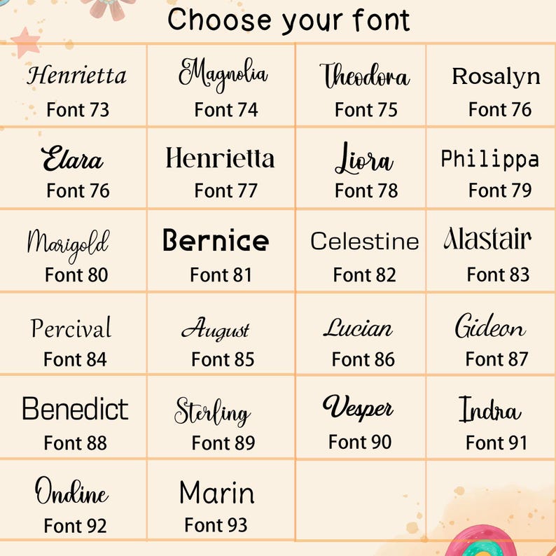 Puede incluir: Una tabla de cuadr&iacute;cula titulada Choose your font que muestra veintid&oacute;s estilos tipogr&aacute;ficos distintos en texto negro sobre un fondo crema. Cada entrada presenta un nombre seguido de un n&uacute;mero de fuente espec&iacute;fico del 73 al 93, organizado en filas.