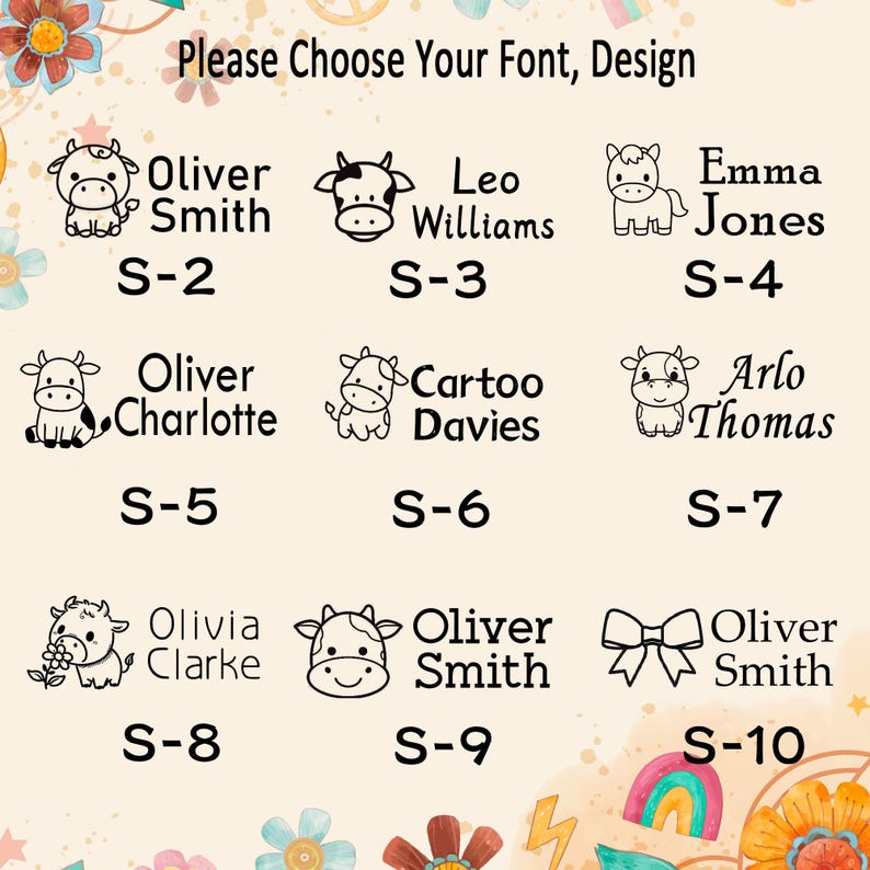 Puede incluir: Una tabla titulada Please Choose Your Font, Design que muestra diez opciones etiquetadas de S-2 a S-10. Cada opci&oacute;n presenta un icono de l&iacute;nea negra, como vacas, un caballo o un lazo, junto a un nombre y un estilo de fuente en color negro.