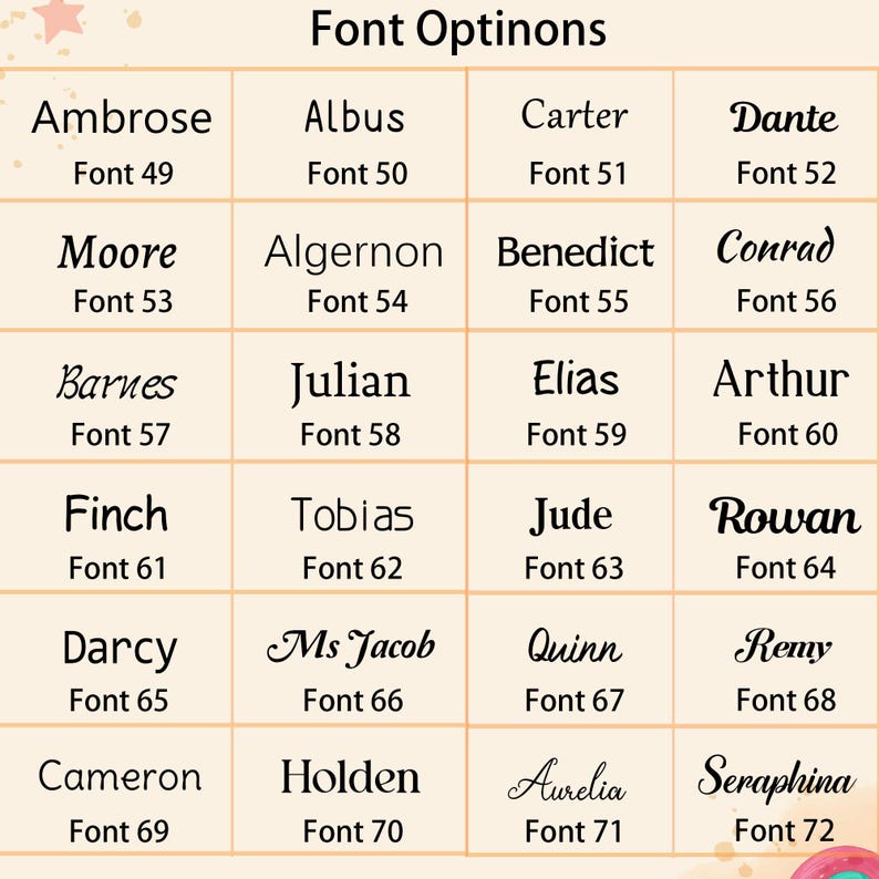 Puede incluir: Una tabla de cuadr&iacute;cula titulada Font Optinons que muestra veinticuatro estilos de texto negros distintos sobre un fondo crema claro. Cada celda contiene un nombre y un n&uacute;mero de fuente correspondiente del 49 al 72, mostrando varias tipograf&iacute;as serif, sans-serif y script.
