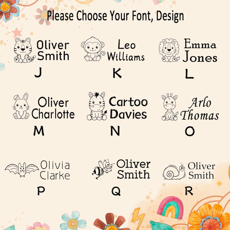 Puede incluir: Una tabla titulada Please Choose Your Font, Design que muestra nueve opciones etiquetadas de la J a la R. Cada opci&oacute;n presenta una ilustraci&oacute;n de animal en l&iacute;nea negra junto a un nombre y una letra, incluyendo tigres, monos, leones, conejos, cebras, jirafas, murci&eacute;lagos, abejas y caracoles.