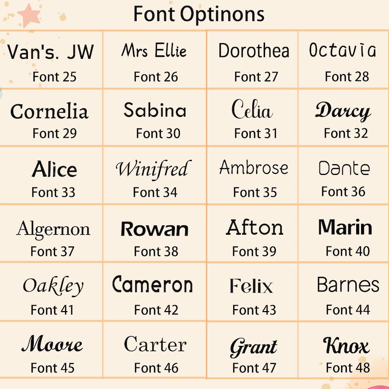 Puede incluir: Una cuadr&iacute;cula titulada Font Optinons que muestra veinticuatro estilos de fuente de texto negro etiquetados del Font 25 al Font 48. Cada celda contiene un nombre de ejemplo como Van's. JW, Mrs Ellie, Dorothea, Octavia, Cornelia, Sabina, Celia y Darcy.