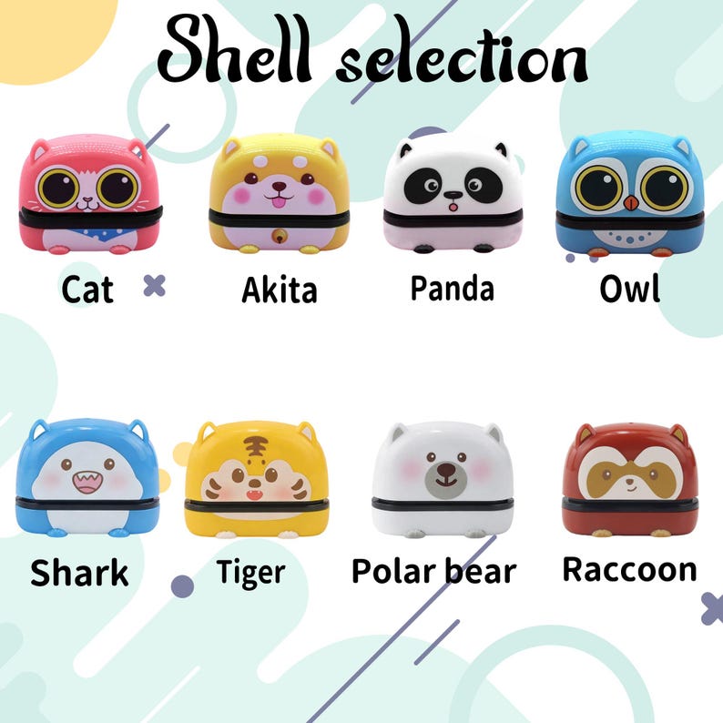 Puede incluir: Una colecci&oacute;n de ocho peque&ntilde;os sellos de pl&aacute;stico con tem&aacute;tica animal y el texto Shell selection. Los dise&ntilde;os incluyen un gato rosa, un Akita amarillo, un panda blanco y negro, un b&uacute;ho azul, un tibur&oacute;n azul, un tigre amarillo, un oso polar blanco y un mapache marr&oacute;n.