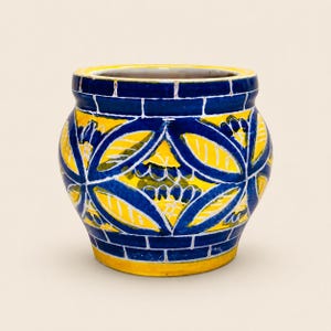 Vintage Talavera Style Blue Yellow Ceramic Planter Pot Cachepot 4” Hand Painted