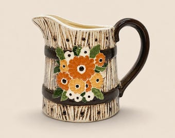 Vintage Atlantic Mold Ceramic Creamer Pitcher Raised Floral Brown Woodgrain