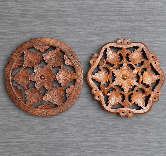 Vintage Set 2 Hand Carved Sheesham Wood Trivets India Floral Leaf Hot Plates
