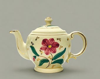 Vintage USA Hand Painted Floral Ceramic Teapot w/Lid Cream Gold Trim