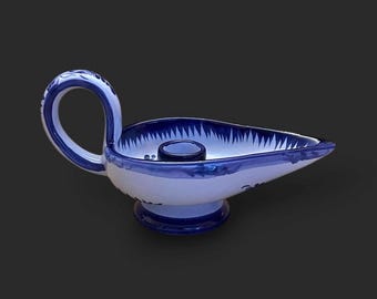 Vintage Vestal Portugal Pottery Chamberstick Candle Holder Blue Floral