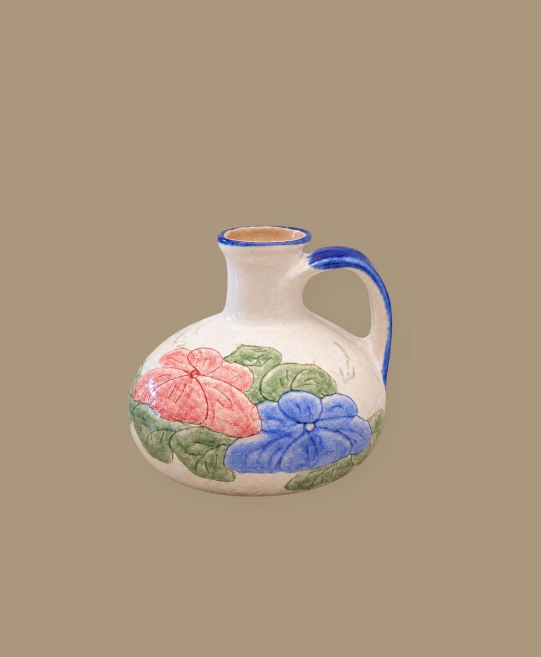 Vintage Hand Painted Floral Pottery Jug Vase Blue Handle Cottagecore - Etsy