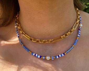 Santorini Blue Beaded Pearl Necklace | Seed Bead Choker | Summer Accessory | Handmade Jewellery | Gold | Beaded Jewellery | Beach | Holiday