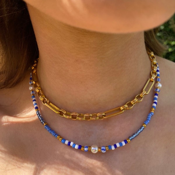 Santorini Blue Beaded Pearl Necklace | Seed Bead Choker | Summer Accessory | Handmade Jewellery | Gold | Beaded Jewellery | Beach | Holiday