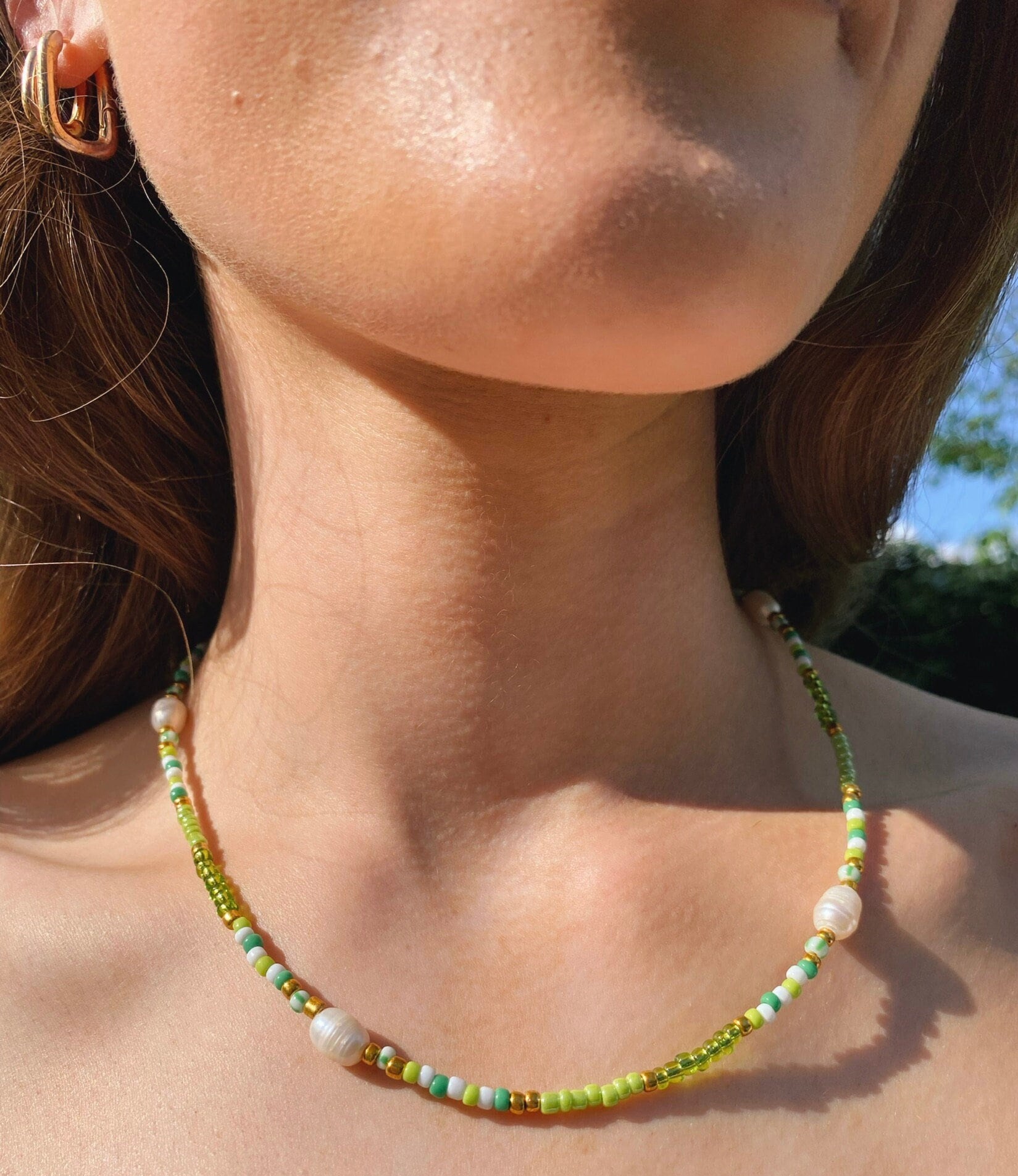 Capri Necklace | Green and White Seed Bead Necklace with Freshwater Pearls | Handmade Choker | Summer Jewellery | Layered Necklaces
