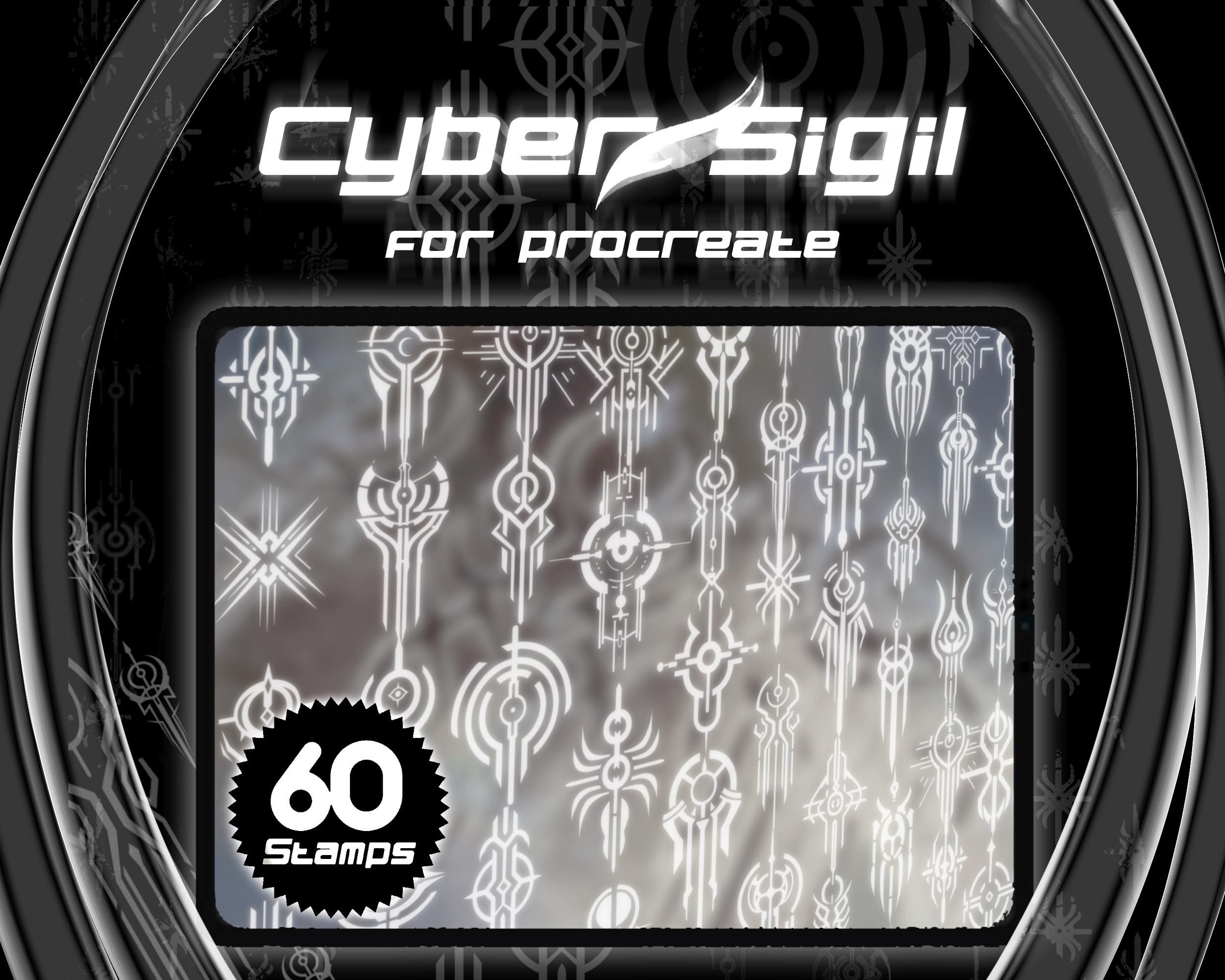 Cyber Sigil Procreate Stamp Set / Futuristic Mystic Cyber Sigilism Glifi Sci-Fi Rune Insegne Simboli Goth Tatuaggi Bundle Banner Pennello Pack