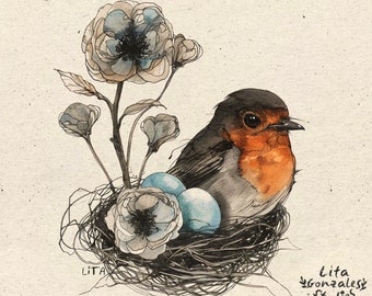 Robin with Nest illustration, Robins eggs, Whimsical art, whimsical birds, minimalist bird art, Botanical Art, Wildlife Art, ROBIN PRINT
