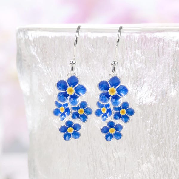 Handmade Sterling Silver Forget Me Not Earrings: Blue Flower Dangle Earrings For Graduation