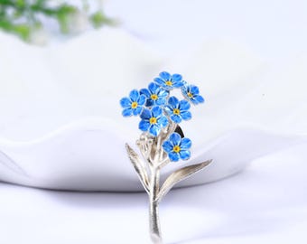 Handmade Sterling Silver Forget-Me-Not Brooch:Blue Flower Birthday Birthflower,Mother’s Day,for Mom